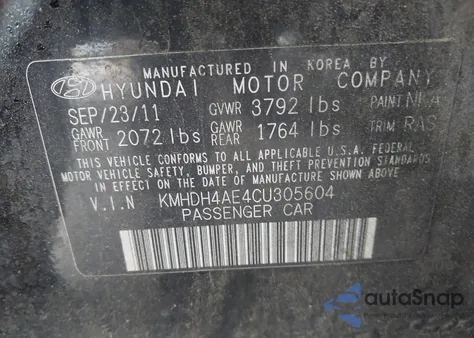 2012 Hyundai Elantra Gls from USA, damaged, VIN KMHDH4AE4CU305604